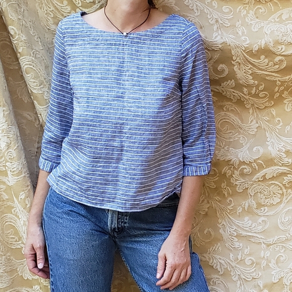 Linen Blouse - Tahari. Striped linen top - Picture 4 of 10
